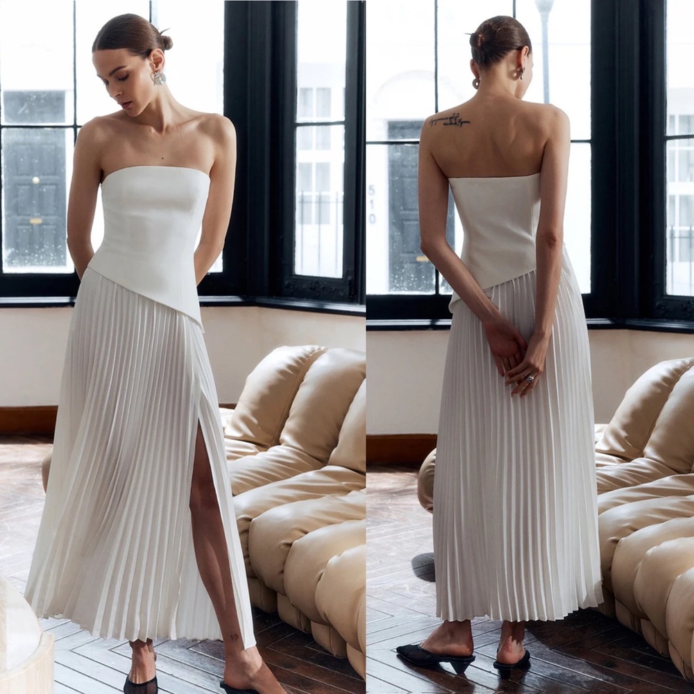 Commense White Strapless Pleated Dress
